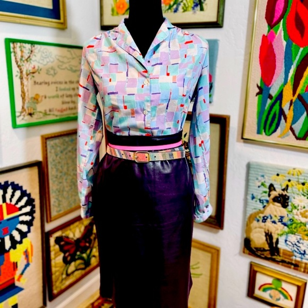 Vintage Abstract Geo Pastel Color block 90s Lavender Anthro Style Blouse